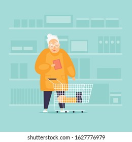 Grandmother in a store with a cart buys food. Flat design vector illustration.