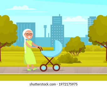 Grandmother strolling in city park with baby stroller. Woman rolls stroller with newborn. Elderly lady walking in green alley with trees. Grandparent and child outdoors on clear day in summer garden