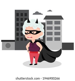 Grandmother in a superhero costume. Active grandmother, funny character. Vector illustration in cartoon style