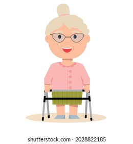 Grandmother in a sweater and skirt stands