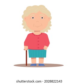 Grandmother in a sweater and skirt stands with a stick