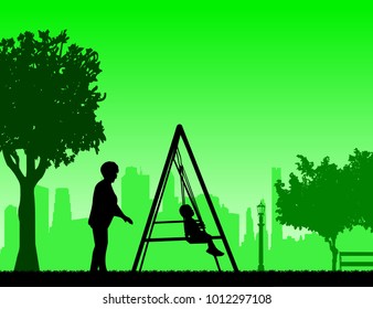 Grandmother swinging grandchild on a swing in the park, one in the series of similar images silhouette