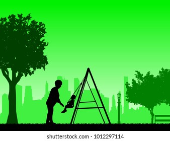 Grandmother swinging grandchild on a swing in the park, one in the series of similar images silhouette