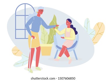 Grandmother Take Care of Granddaughter or Daughter Cartoon. Girl or Young Woman sitting on Chair. Old Lady with Walking Stick Extending Hand to Stroke Relative on Head. Vector Flat Illustration