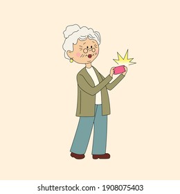Grandmother takes pictures with her phone. An elderly woman is learning to take pictures on the phone. Black outline and color vector isolated