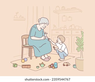 Grandmother is taking care of her grandson while playing dolls at home. Hand drawn style vector design illustrations.