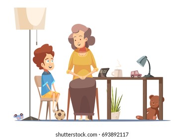 Grandmother talking to little grandson at dining room table senior woman character retro cartoon poster vector illustration 