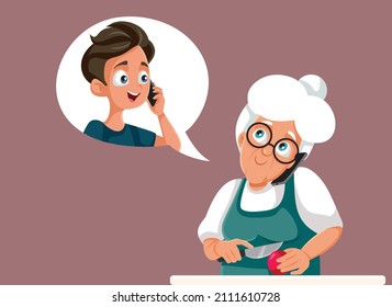 
Grandmother Talking On The Phone With Her Grandson Vector Illustration. Grand Kid And Granny Speaking Making Small Talk While Social Distancing
