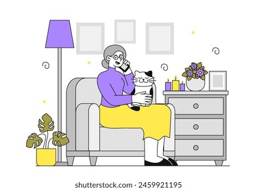 Grandmother talking phone simple. Elderly woman communicate with friends and family. Pensioner with distant communication and interaction. Doodle flat vector illustration isolated on white background