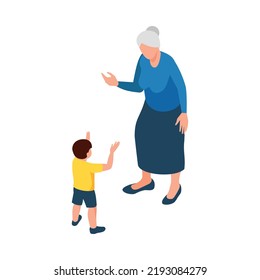 Grandmother talking or playing with her grandson 3d isometric vector illustration