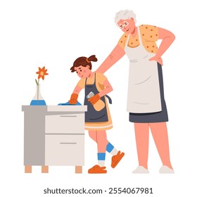 Grandmother teaching granddaughter doing house chores flat vector illustration isolated on white. Little girl in apron helping wiping the dust.