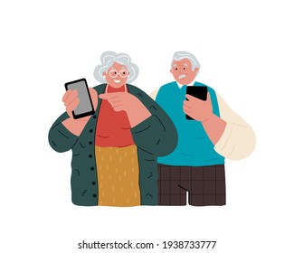 La abuela le está enseñando al abuelo cómo usar un celular. Pensionistas y nuevas tecnologías. Personas mayores que usan dispositivos inteligentes.