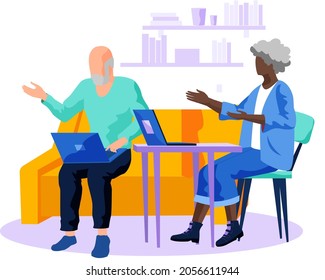 Grandmother is teaching grandfather how to use tablet pc. Pensioners and new technology. Senior people using smart devices. Concept of remote work from home, distance learning for retired people