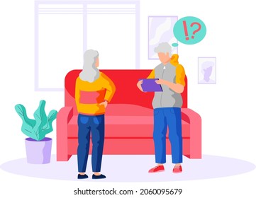Grandmother is teaching grandfather how to use tablet pc. Pensioners and new technology. Senior people using smart devices. Concept of remote work from home, distance learning for retired people