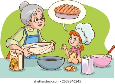 Grandmother teaching her granddaughter how to make a cake.vector illustration