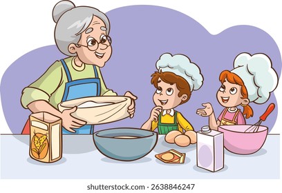 Grandmother teaching her granddaughter how to make a cake.vector illustration