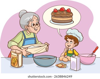 Grandmother teaching her granddaughter how to make a cake.vector illustration
