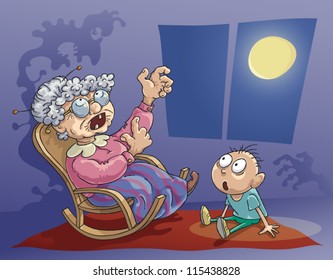 Grandmother tells the horrible story to her grandson in the evening.