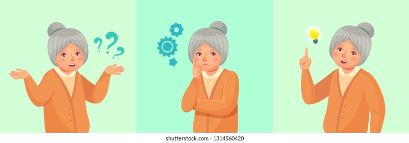 Grandmother thinking. Confused older female, thoughtful senior woman solved question or remembered answer. Old retired grandma dream, discussion or worried vector cartoon illustration