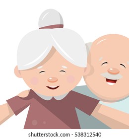 The grandmother together with the grandfather taking selfies. Photos in flat style. Vector illustration isolated on white background