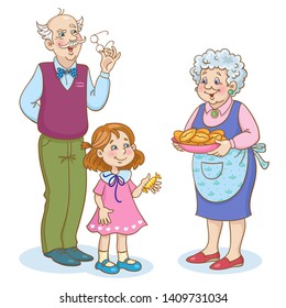 Grandmother treats grandfather and granddaughter with delicious pies. In cartoon style. Isolated on white background.