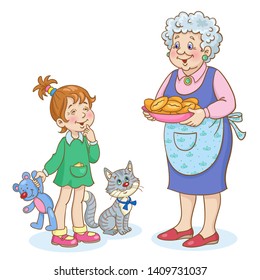 Grandmother treats her granddaughter with delicious pies. In cartoon style. Isolated on white background. Vector illustration.