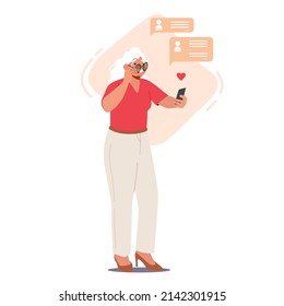 Grandmother Use Mobile Phone App. Elderly Woman Communicate in Social Networks with Friend on Love Site. Senior Female Character Chatting and Messaging in Internet. Cartoon People Vector Illustration