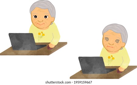Grandmother uses a computer Asian edition