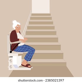 Grandmother using automatic stair lift on a staircase, side view