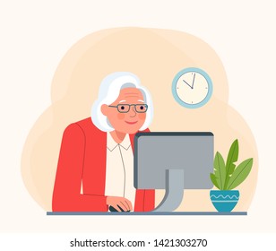Grandmother using computer. Vector flat style illustration
