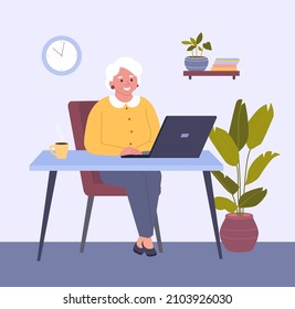 Grandmother using computer. Vector flat style illustration