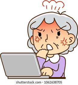 Grandmother using a laptop computer,Get enraged