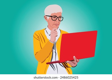 A grandmother is using a laptop. Technology for the elderly concept isolated on white
