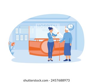 A grandmother visits the hospital. The receptionist provides information to the patient. Hospital Receptionist concept. Flat vector illustration.