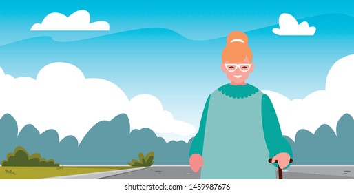 grandmother with walk stick in landscape