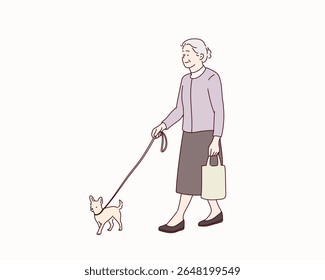 Grandmother Walking a Chihuahua Puppy. Hand drawn style vector design illustrations.