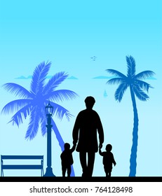 Grandmother walking with grandchildren on the beach, one in the series of similar images silhouette