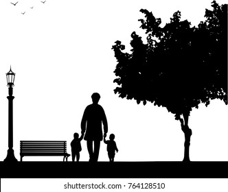Grandmother walking with grandchildren in the park, one in the series of similar images silhouette