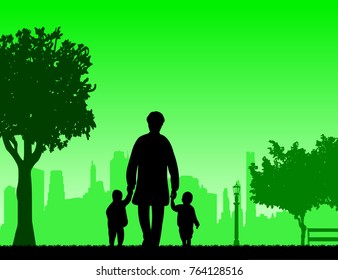 Grandmother walking with grandchildren in the park, one in the series of similar images silhouette