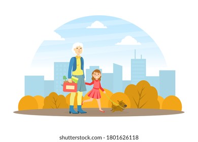 Grandmother Walking with her Granddaughter in Park, Elderly Woman Spending Time with her Grandchild, Girl Stayed with her Grandma for Weekend Cartoon Vector Illustration