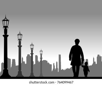 Grandmother walking with her grandson on the street, one in the series of similar images silhouette