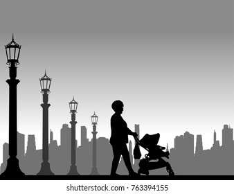 Grandmother walking with her grandson in stroller on the street