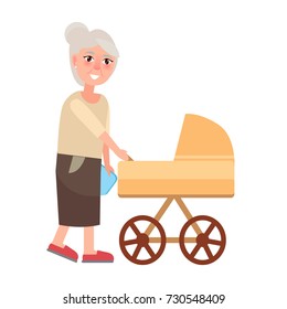 Grandmother walking with newborn toddler in carriage pram isolated on white. Vector illustration of two generations grandma and infant