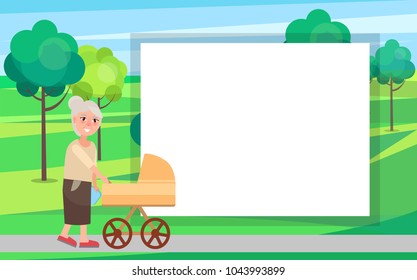 Grandmother walking with newborn toddler in pram in urban city park vector illustration with place for text in frame. Two generations grandma and infant