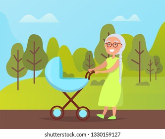 Grandmother walking outdoor with baby stroller, smiling woman in dress with buggy, portrait view of grandma with blue carriage in green park vector