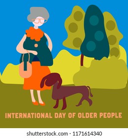 grandmother is walking in the park with her dog. Flat modern vector illustration