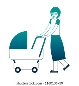 grandmother walking with pram baby