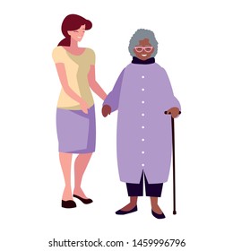 grandmother with walking stick and mother together