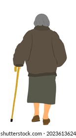 Grandmother walking with stick vector illustration isolated on white background. Old woman active life. Mature people, healthy grandparent. Senior lady with crutches. Autumn clothes granny outdoor.