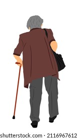 Grandmother walking with stick vector illustration isolated on white background. Old woman active life. Mature people, grandparent. Senior lady with crutches. Healthy granny outdoor enjoy, golden age.